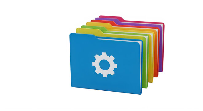 A colorful stack of folders with a gear icon on the front