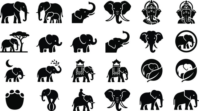 Black and white elephant icons collection