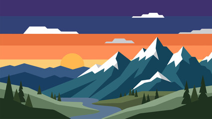 Detailed mountain range with river valley and dramatic sunset colors. Ideal for outdoor branding, adventure themes and travel posters. © yossi