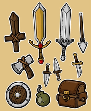 Cartoon Fantasy Weapons & Adventure Gear Set Hand Drawn RPG Sticker Collection