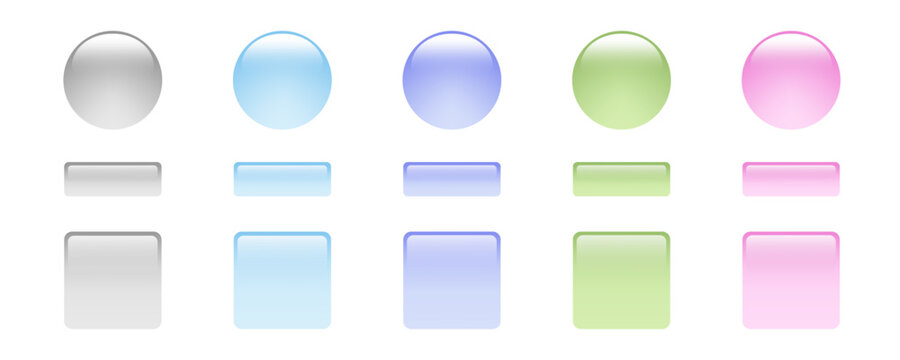 Glossy web buttons set with realistic glass gel texture, colorful pastel pink blue green round and square UI elements collection for website mobile app and game interface vector design