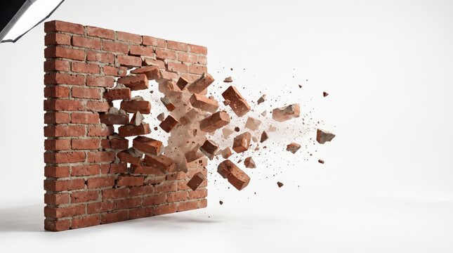 Red brick wall bursting open with flying bricks and dust on white background