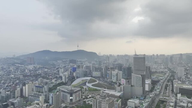 Aerial Drone View of Jongno Cityscape near Dongmyo Station and DDP Dongdaemun Design Plaza in Seoul, South Korea