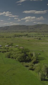 An aerial flyover vertical video of marshland and meadows near rural farms, Kamas, Utah