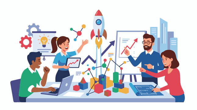 Diverse team collaborating on a startup project with a rocket launch (1)