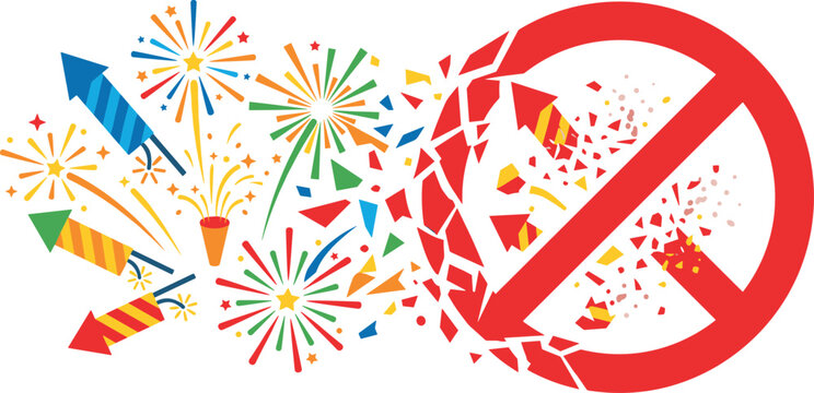 Red prohibition sign shattering as colorful fireworks and rockets explode concept for breaking the ban or illegal pyrotechnics celebration isolated