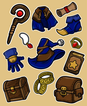 Cartoon Wizard Gear Set Fantasy Mage Items & RPG Inventory Illustration