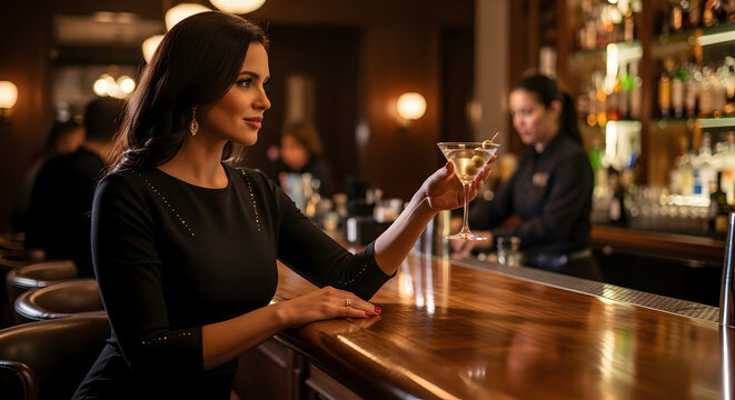 Elegant woman holding a martini glass at a wooden bar counter. Sophisticated female patron in a black dress enjoying a cocktail in an upscale lounge
