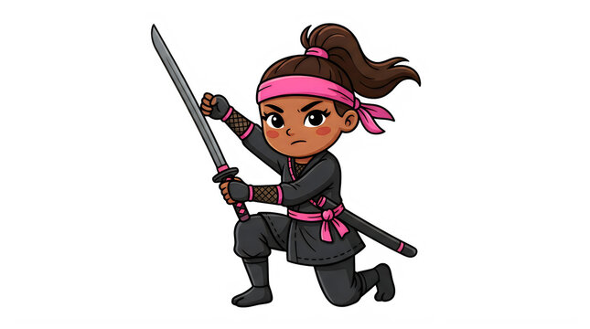 Halloween ninja warrior cartoon illustration cute female character with katana swords perfect for costumes and spooky designs isolated on transparent background