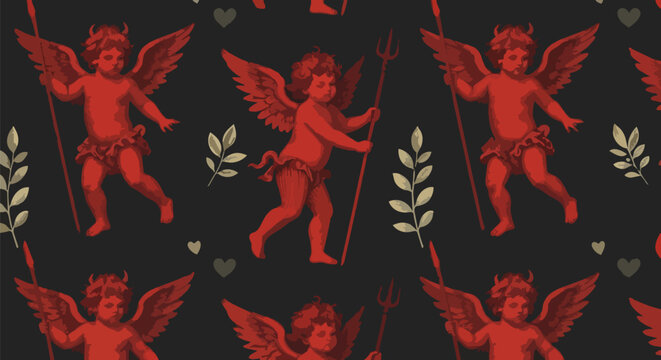Red cherub, devil cherub, cute demon, vector pattern, black background, Valentine's Day design, illustration