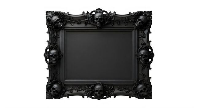 Ornate black halloween picture frame with skulls isolated on transparent background for spooky designs