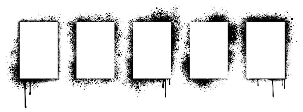 Spray paint stencil frame with grunge texture and urban graffiti elements. Bold rectangular border with splatter effect, drip and distressed brush strokes on white background. Street art spray design.