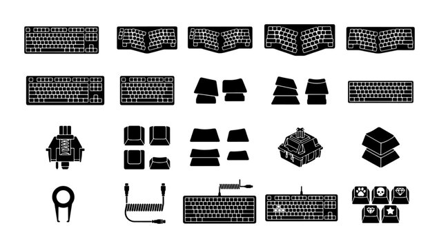 Mechanical keyboard icons set, custom computer hardware silhouettes, ergonomic split keyboard and keycap vector elements, 20 black glyph icons