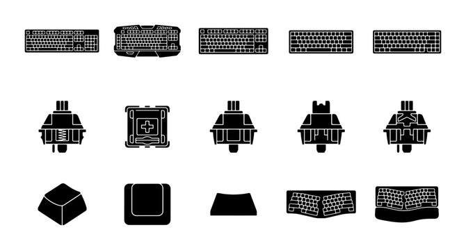Mechanical keyboard icons set, 15 black glyph vector elements, computer hardware switches and keycaps, gaming peripheral equipment icons