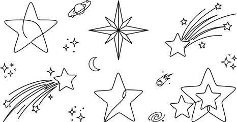 Stars and Shooting Comet Celestial One Line Art Vector Set with North Star and Planet Icons for Night Sky Astronomy Layouts © MD