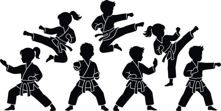 Silhouette of children practicing karate