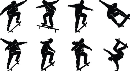 Black silhouette skateboarder performing tricks © SHOFIQUL