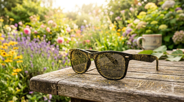 Sunglasses covered in pollen on a wooden table in a colorful garden during summer