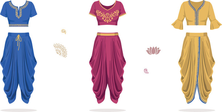 Traditional Indian Dhoti Salwar Suit and Crop Top Blouse Vector Set for Ethnic Fashion Design, Festival Wear, and Cultural Celebrations