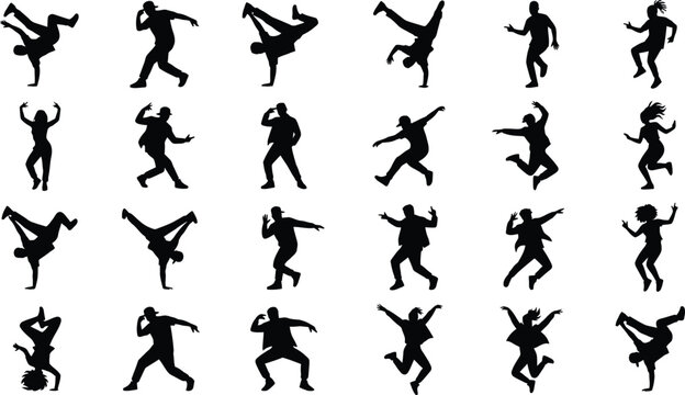 Black silhouettes of people dancing and jumping