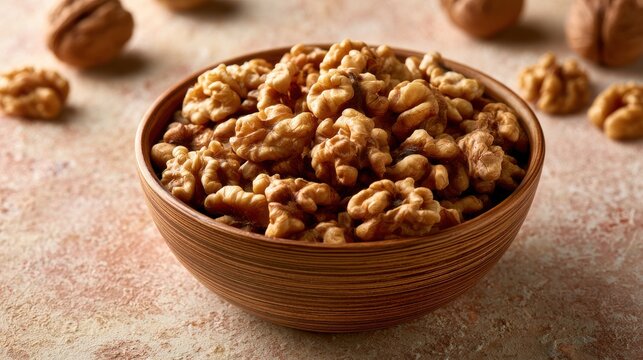 Bowl of raw walnut kernels on a rustic textured surface