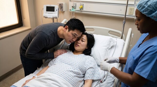 Pregnant woman in hospital bed comforted by partner with nurse attending, childbirth support