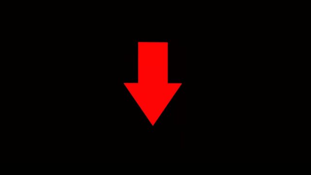 Animated arrow pointing down on black background.Abstract glowing down arrow icon animation
