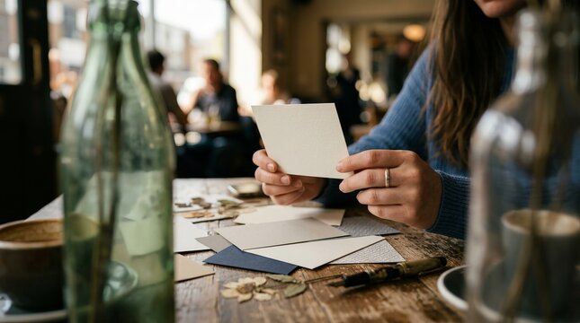 Small business owner preparing a handwritten thank you card for a customer order in a cozy creative workspace. Concept of personalized packaging, customer appreciation, handmade business, branding, an