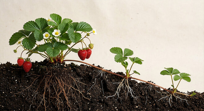 Asexual reproduction of a strawberry plant via runner.