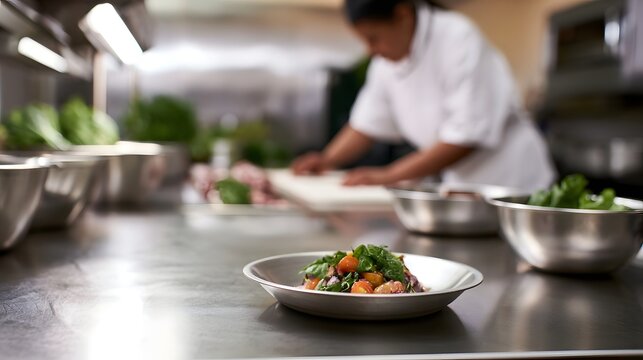 A chef prepares food on stainless steel counters while a plated salad sits ready in foreground