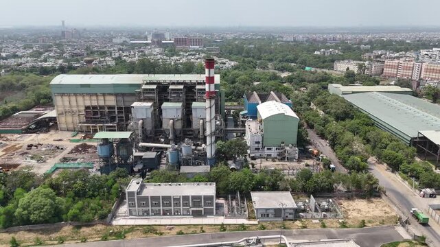 Aerial drone view of large wastewater treatment plant and sewage treatment facility in Delhi India
