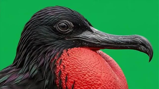 Close-up of Frigatebird head with vibrant red throat patch on green background