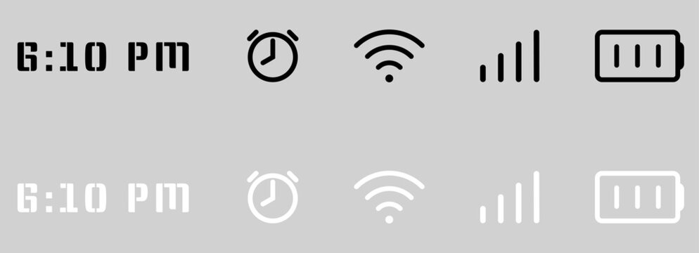 Status bar UI icon set featuring digital time, alarm, WiFi signal, cellular signal bars, and battery indicator in black and white mobile interface design.