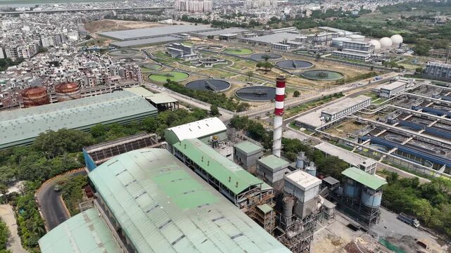 Aerial drone view of large wastewater treatment plant and sewage treatment facility in Delhi India