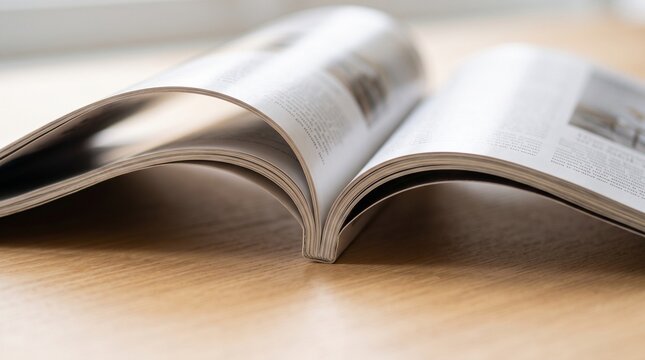 Open magazine on wooden surface, pages spread