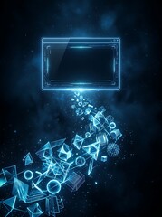 Obraz premium Glowing blue digital window interface emitting a stream of abstract 3D geometric shapes into a dark void representing data visualization and digital processing concepts