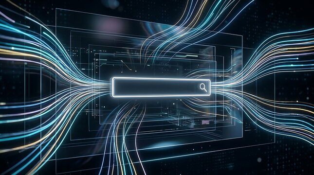 Abstract search bar icon surrounded by flowing light trails and data lines in a dark digital network environment representing internet search and information retrieval systems