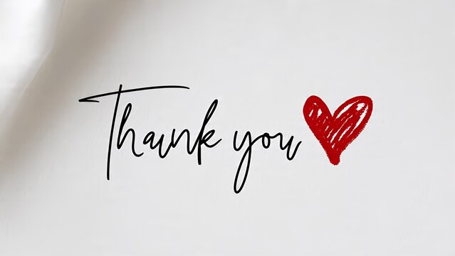 Elegant "Thank You" handwritten typography with a red heart outline on a clean white background, expressing gratitude, appreciation, kindness, love, and heartfelt acknowledgment