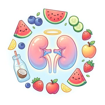 Human kidneys surrounded by fresh fruits and vegetables illustration showing healthy diet for renal support and kidney function care in cute cartoon flat vector art style