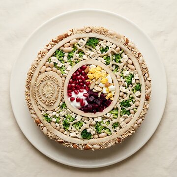 Nutritious meal arranged in circular shape resembling human cell structure with pomegranate seeds broccoli and nuts on white background showing healthy eating concept photography