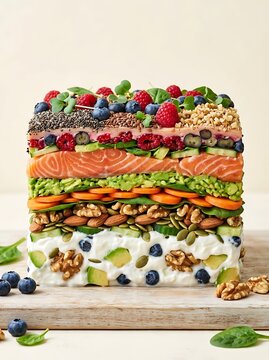 Cube of layered healthy superfoods including salmon avocado and berries representing a balanced nutritional diet for overall body health and wellness conceptual photography