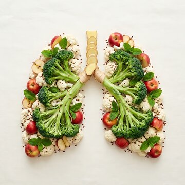 Broccoli and fresh vegetables shaped like human lungs on a white background representing healthy eating for respiratory wellness and clean air awareness conceptual food art