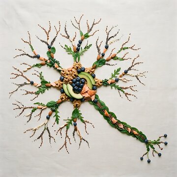 Fresh ingredients including berries nuts and avocado arranged in the shape of a human neuron representing brain health and cognitive nutrition for mental wellness conceptual art