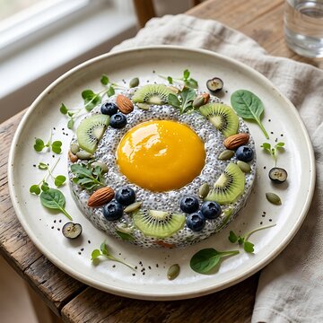 Chia seed pudding ring with mango sauce and fresh fruits on a plate representing a healthy breakfast for wellness and gut health concept photography studio style