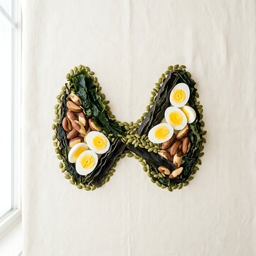 Thyroid gland shape created with seaweed eggs and brazil nuts for healthy thyroid function and iodine rich nutrition flat lay photography on white background