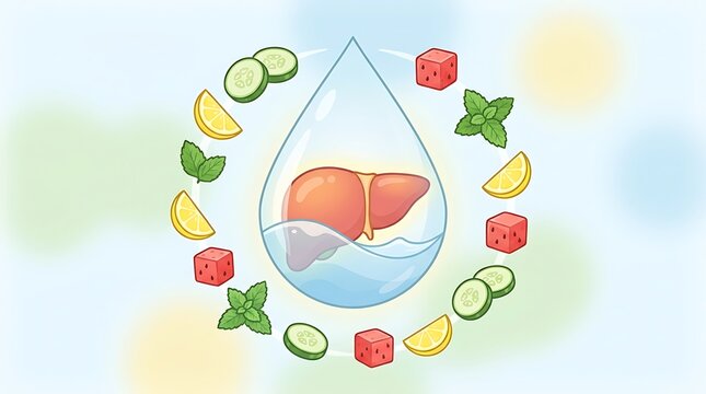 Human liver floating inside large water droplet surrounded by healthy detox ingredients like lemon cucumber mint and watermelon cubes as a concept for natural organ cleansing and hydration