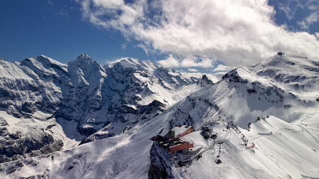 Aerial view of Schilthorn Piz Gloria in the Swiss Alps.