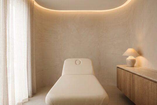 Modern aesthetic clinic treatment room in warm neutral tones with daylight, empty cosmetic dermatology interior