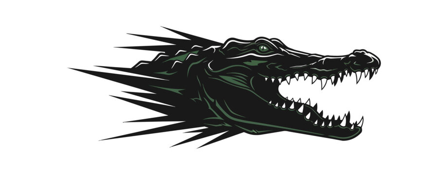 Stylized alligator head graphic with sharp teeth on black background