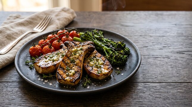 Grilled Fish With Roasted Tomatoes And Broccoli Food Photography